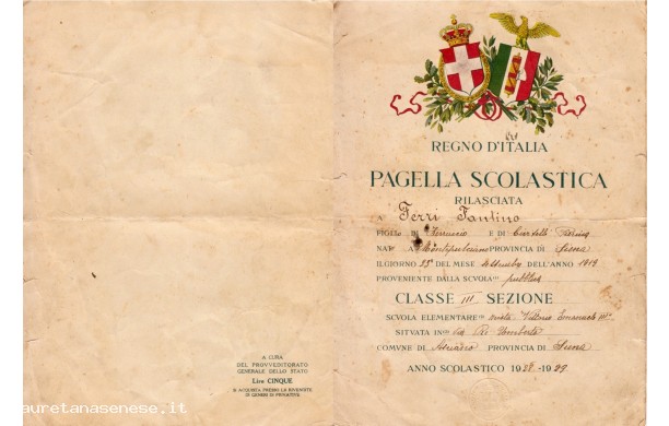 1929 - La pagella di Terza Elementare