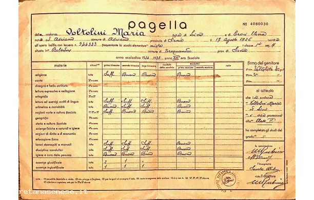 1935 - Pagella di Maria Voltolini alla Scuola Rurale di Belsedere