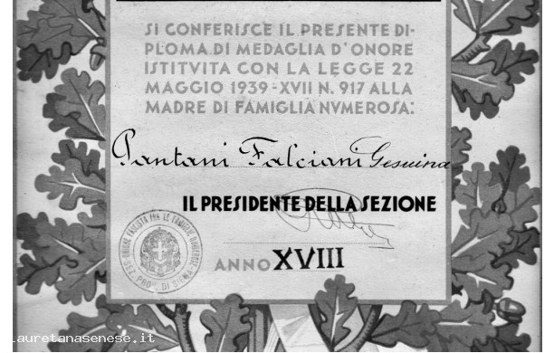 1940 - Diploma di Medaglia d'Onore alla mamma dei Pantani